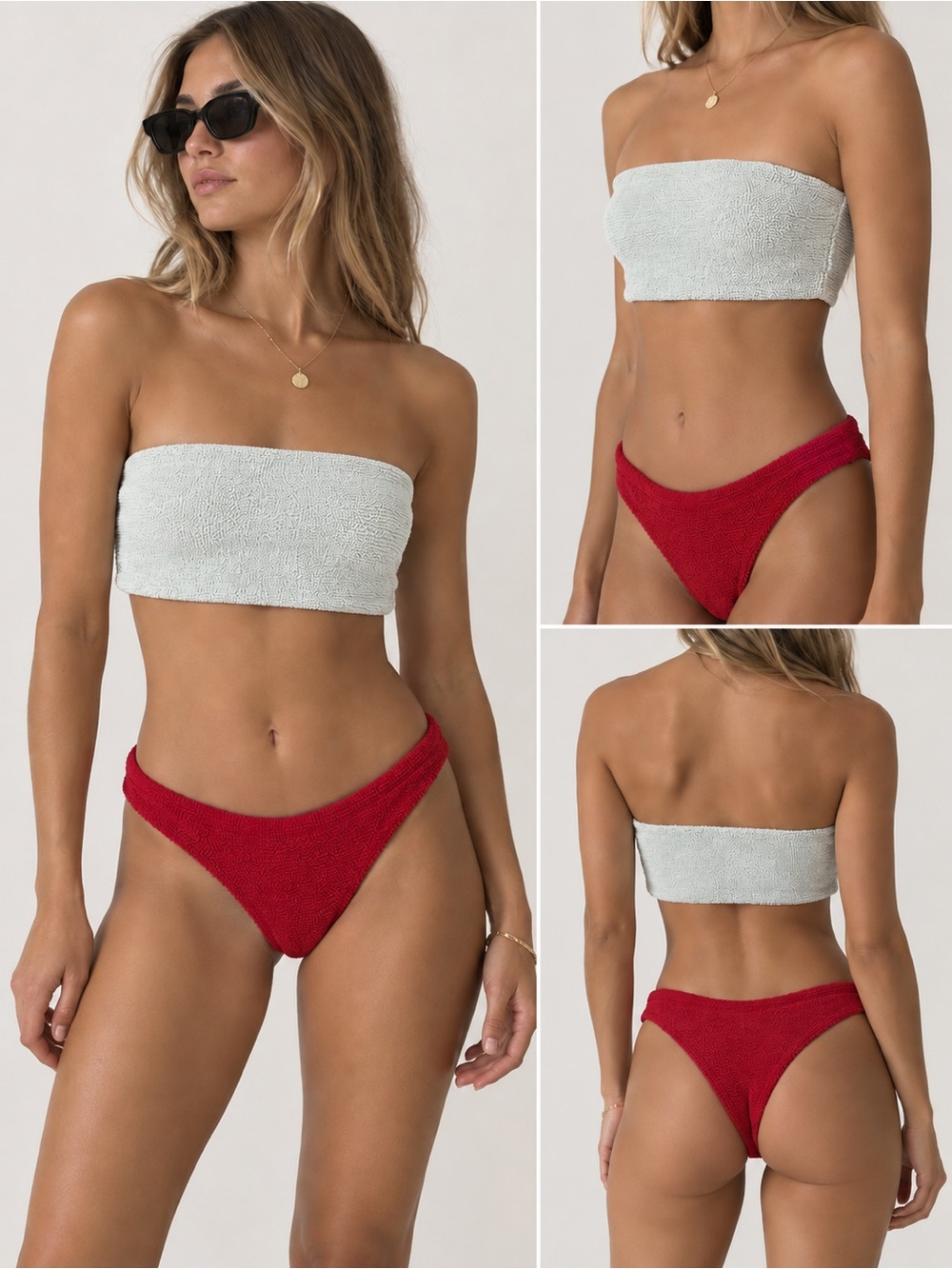Hunza G Strapless Bandeau Bikini Set in White and Red Crinkle OS